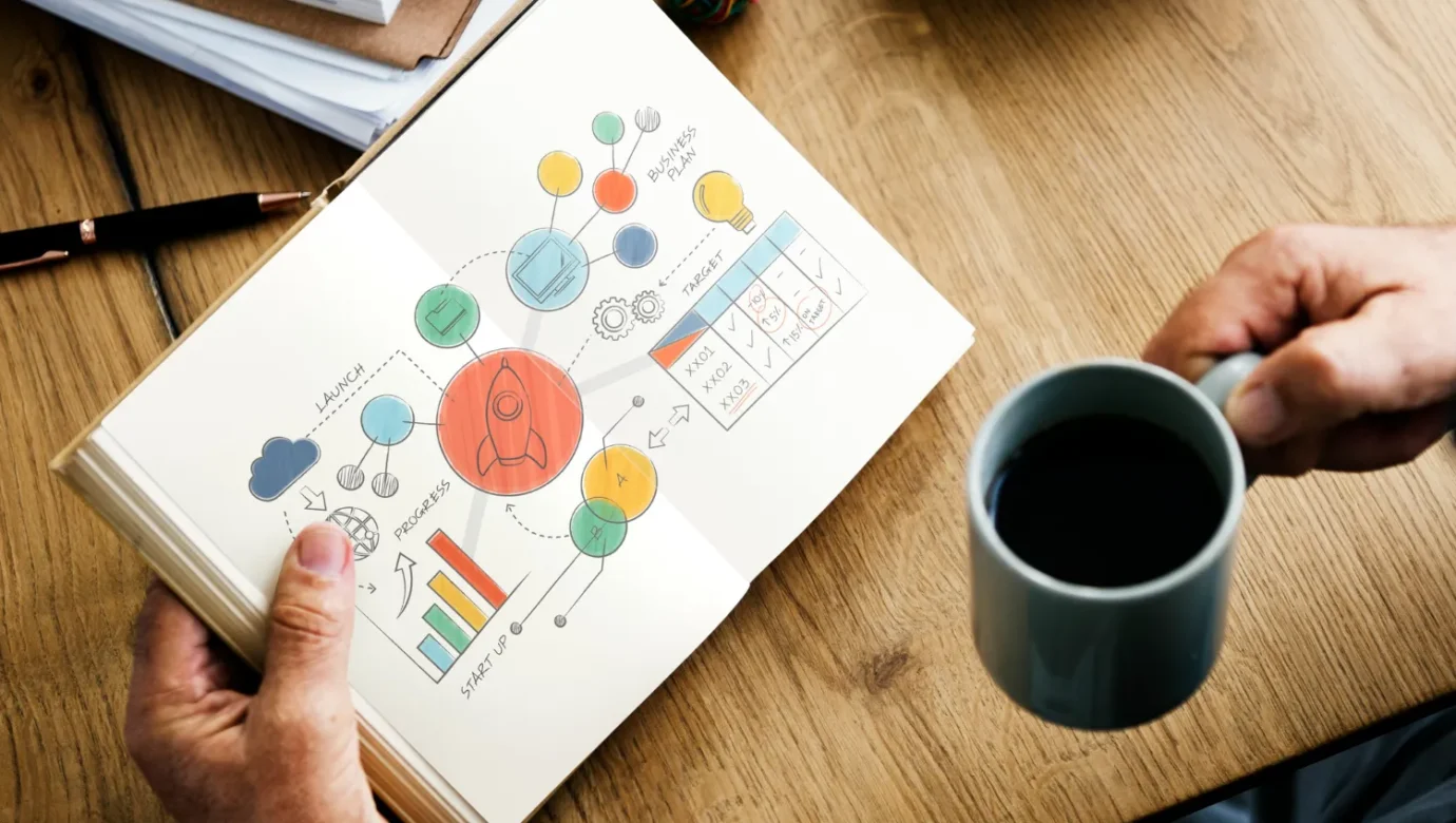 Mano sosteniendo una taza de café mientras examina un cuaderno abierto con diagramas coloridos sobre planificación empresarial, incluyendo un cohete, gráficos de progreso y objetivos. Fondo de mesa de madera con documentos apilados.
